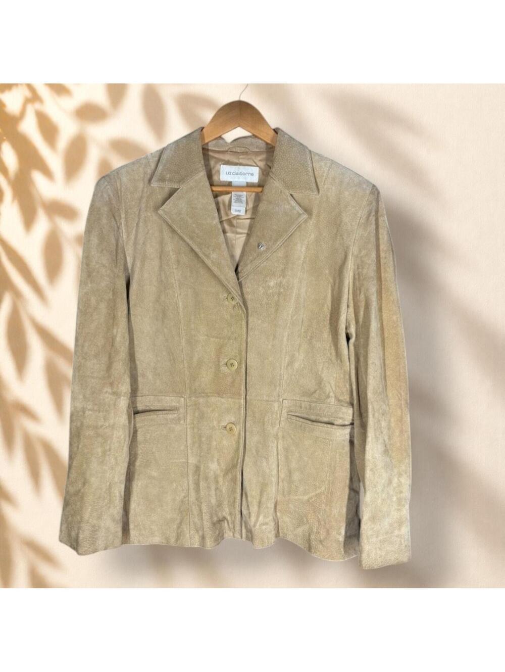 Liz Claiborne Blazer Women XL Brown Button Up Collared Long Sleeve Pockets Suede